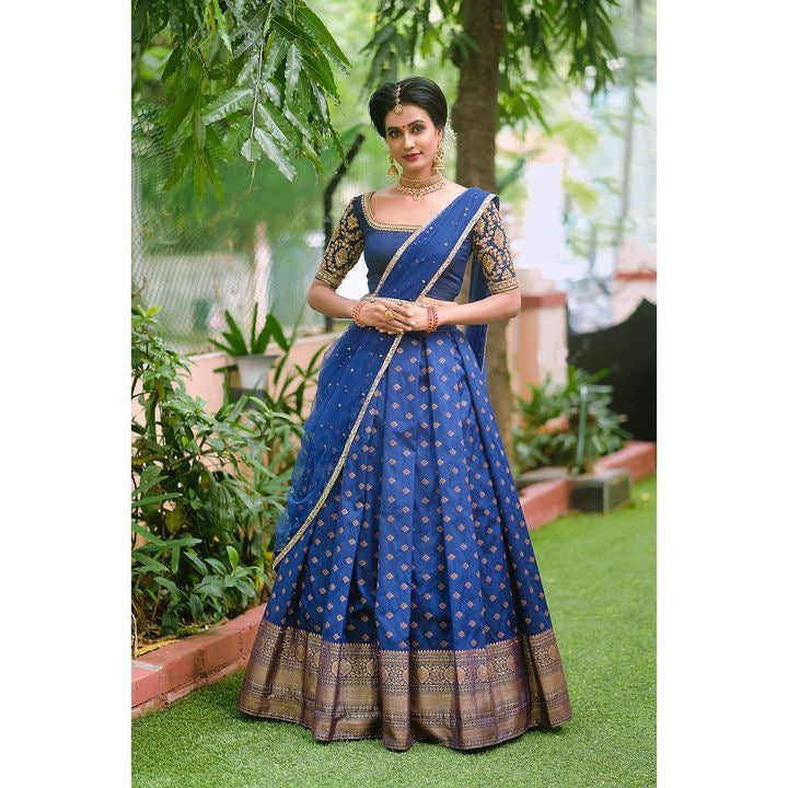 Royal Kanjivaram Lehenga with Mirror Work Butterfly Net Dupatta