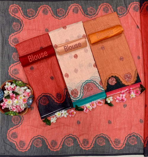 Elegant Bloom Premium Linen Cotton Digital Printed Saree with Matching Blouse