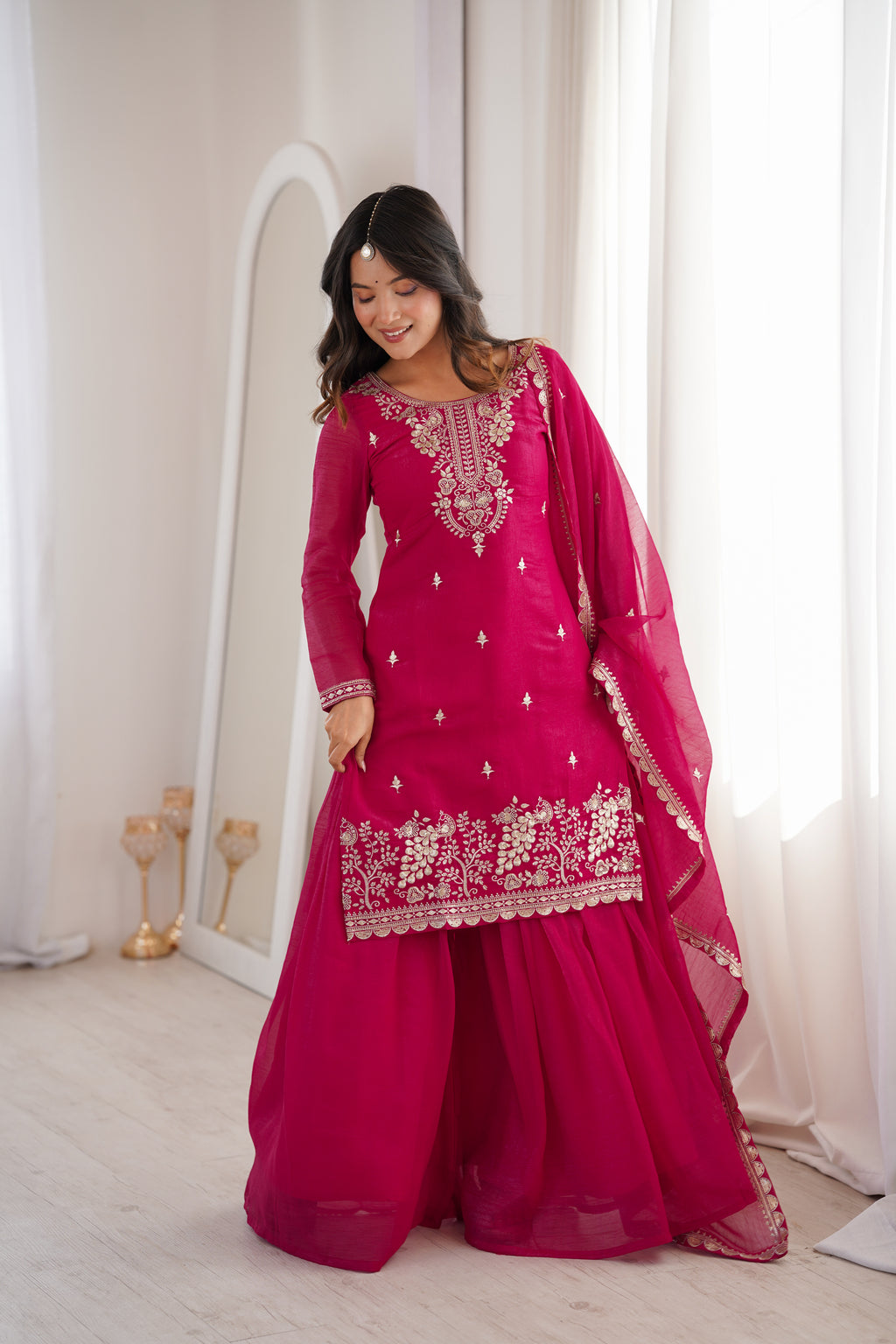 Crunchy Silk Embroidered Sharara Set with Sequin, Thread & Jari Work Dupatta