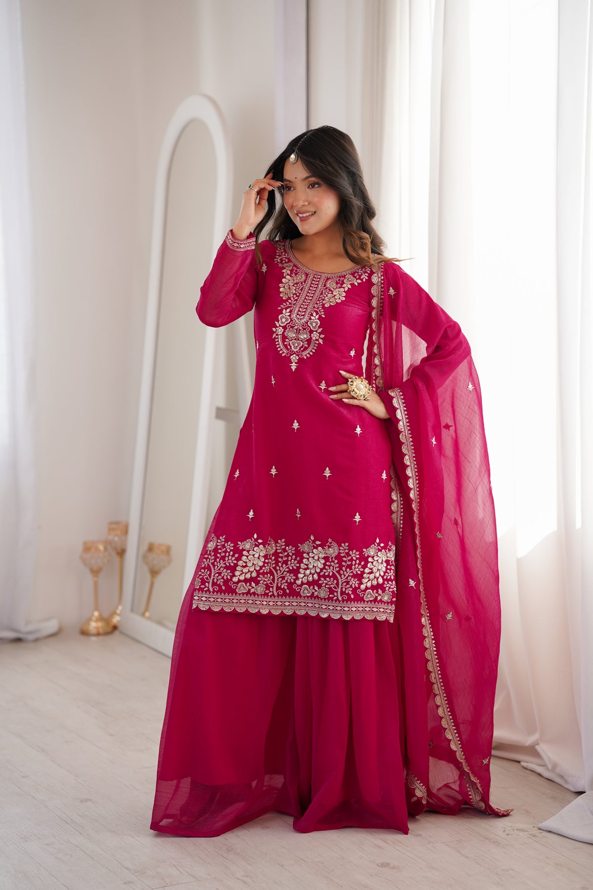 Crunchy Silk Embroidered Sharara Set with Sequin, Thread & Jari Work Dupatta
