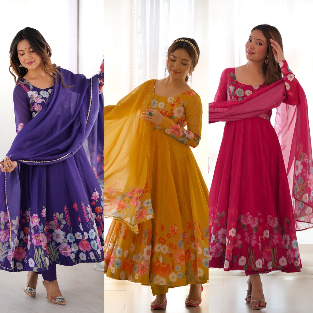 Floral Organza Silk Printed Anarkali with Badla Jari Handwork & Gota Patti Dupatta
