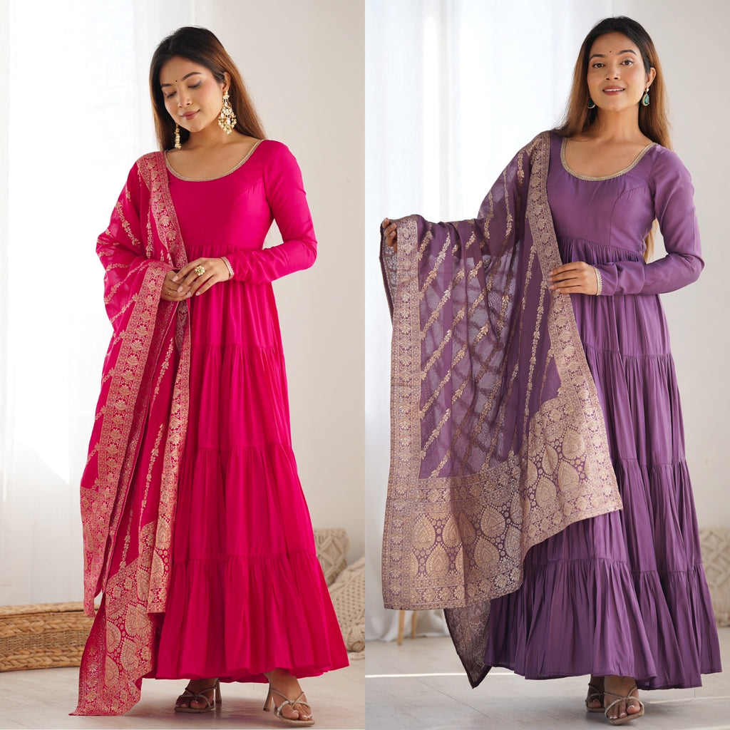 Romansilk Chanderi 9M+ Flair Anarkali Set with Padded Yoke & Banarasi Jacquard Dupatta