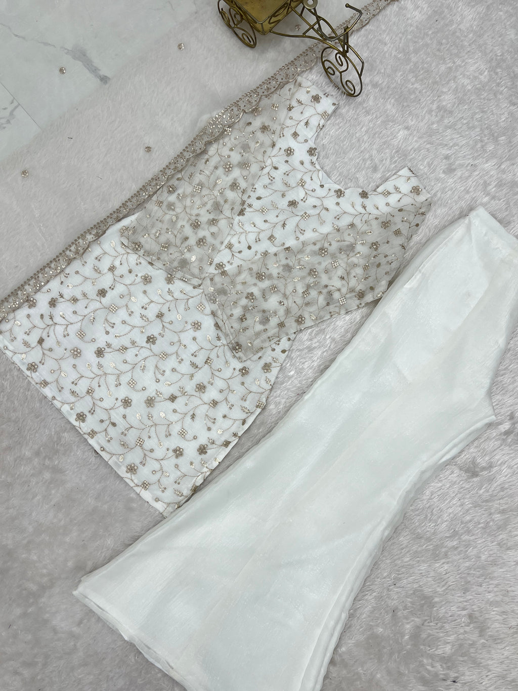 Crunchy Silk Embroidered Bell Bottom Suit with Sequin, Jari & Lace Work Dupatta