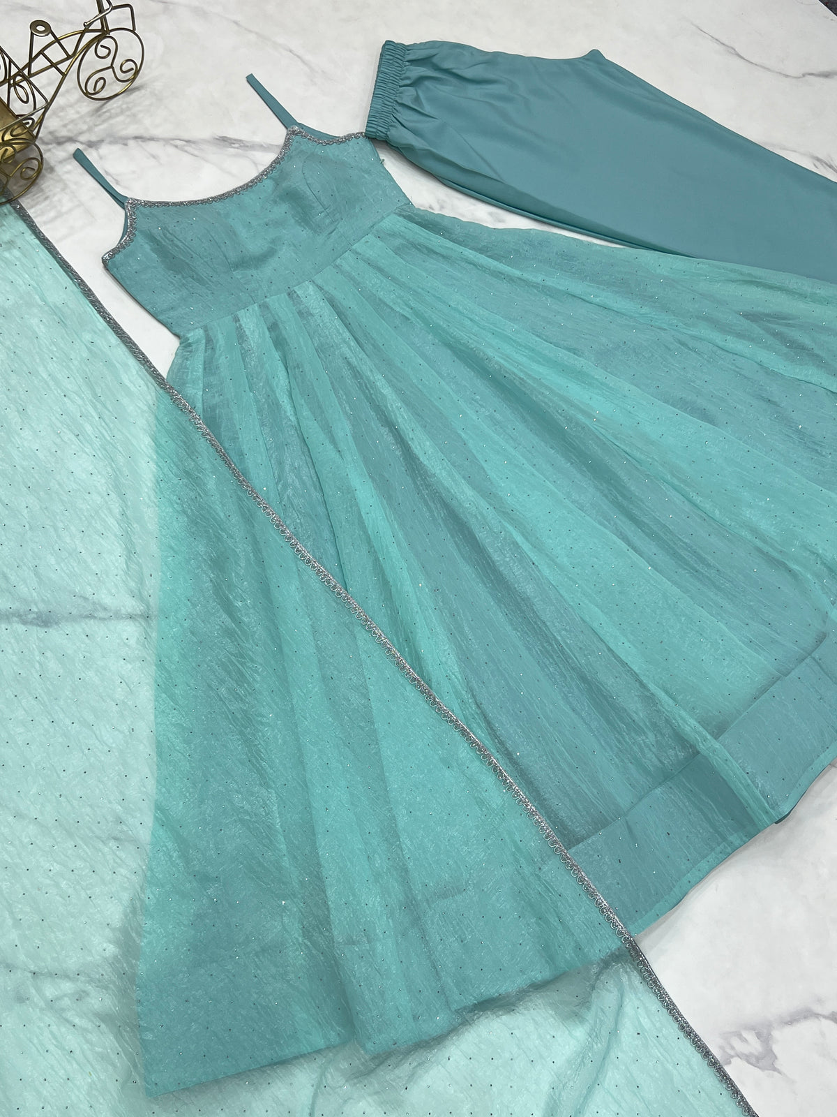 Sky Blue & Dusty Pink Crunchy Silk Siroki Work Flared Anarkali Gown Set with Lace Dupatta & Pant