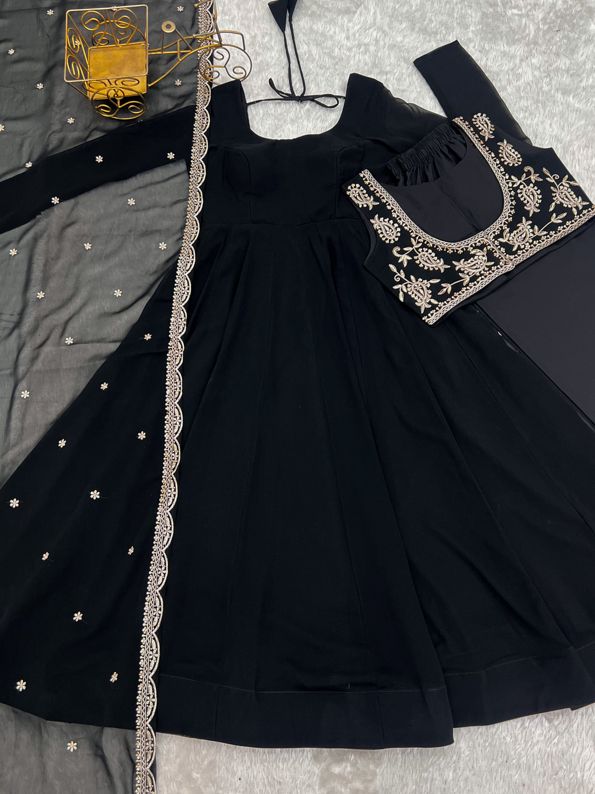 Fox Georgette 16-Kali Flared Anarkali Gown with Embroidered Koti, Jari Dupatta & Pant Set