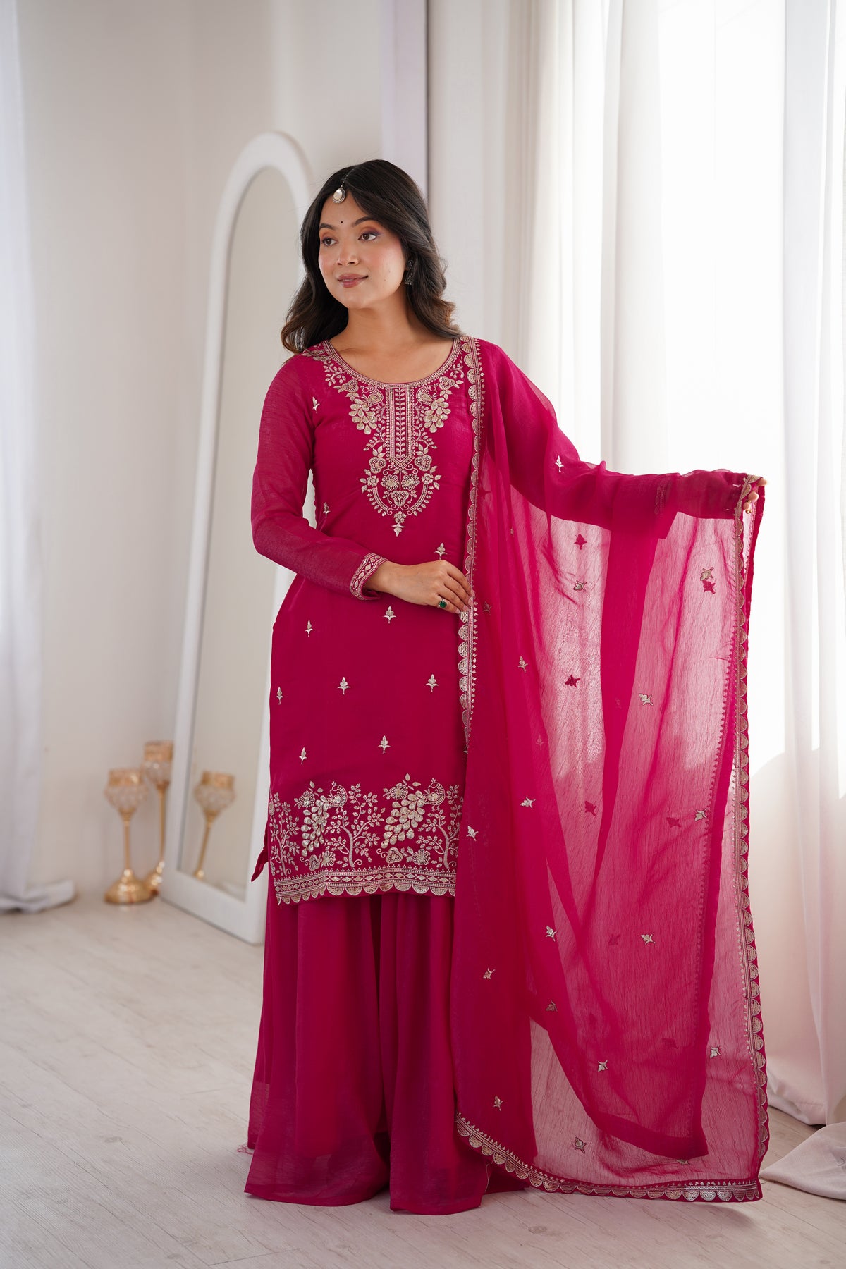Crunchy Silk Embroidered Sharara Set with Sequin, Thread & Jari Work Dupatta
