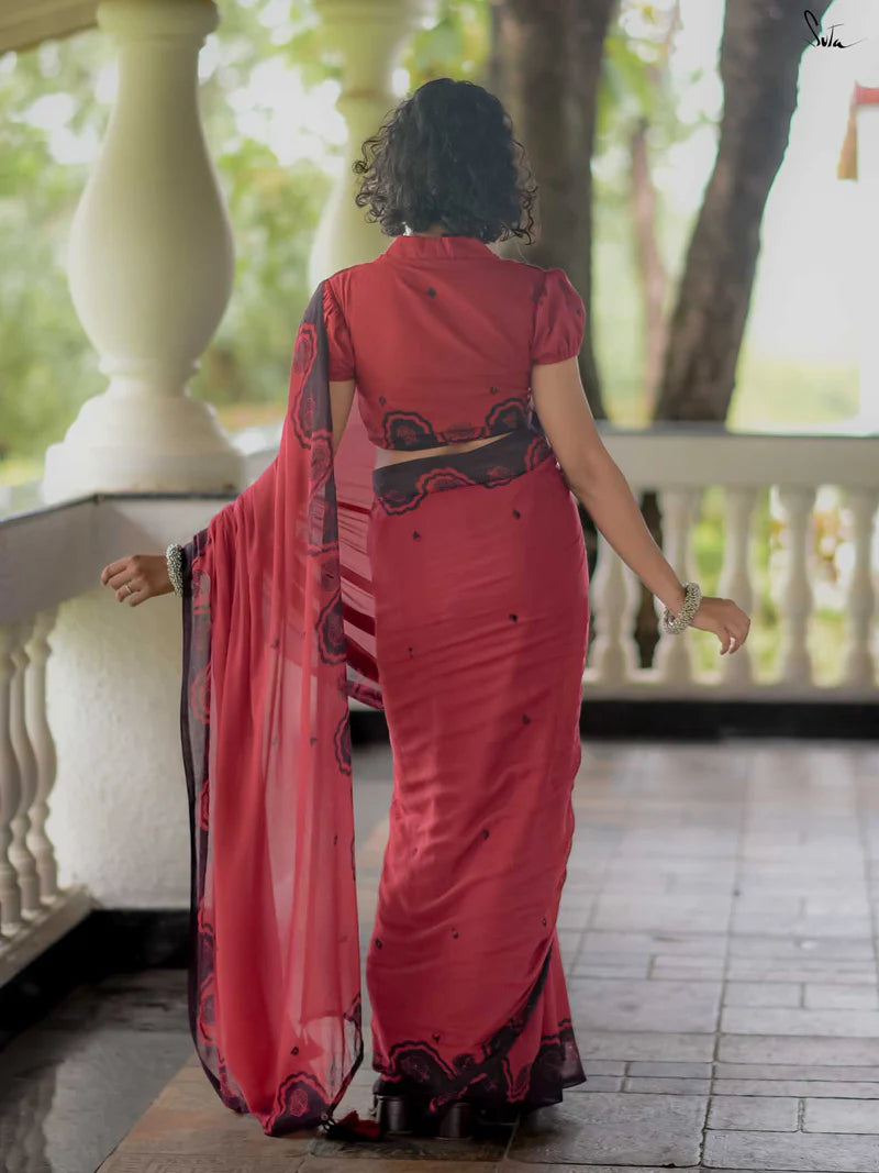 Elegant Bloom Premium Linen Cotton Digital Printed Saree with Matching Blouse