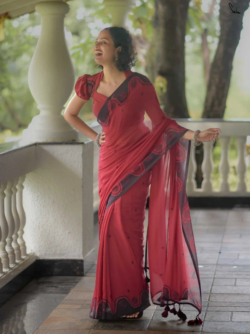 Elegant Bloom Premium Linen Cotton Digital Printed Saree with Matching Blouse