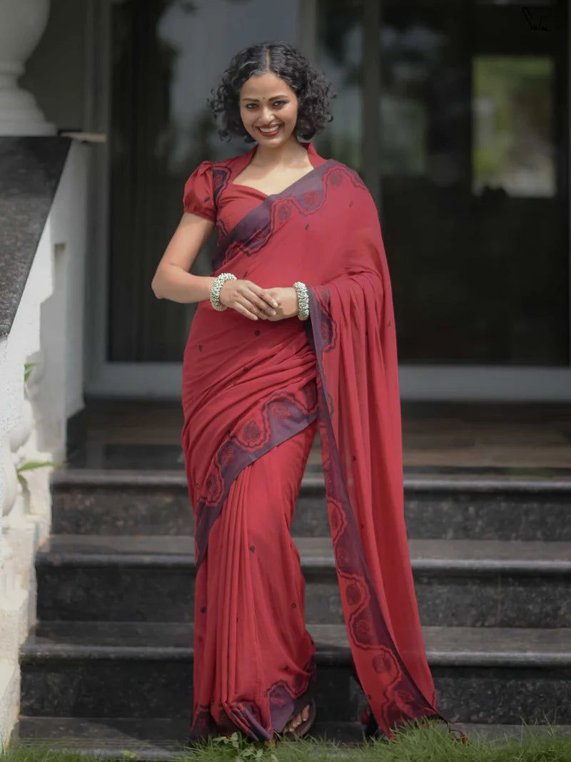Elegant Bloom Premium Linen Cotton Digital Printed Saree with Matching Blouse