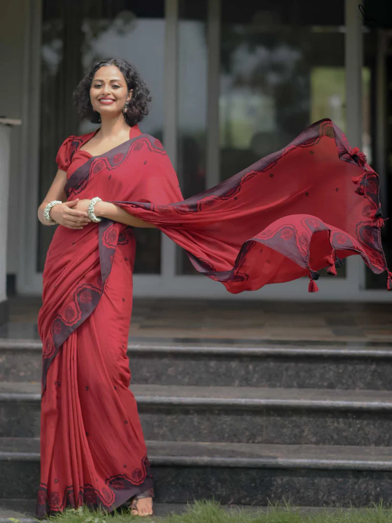 Elegant Bloom Premium Linen Cotton Digital Printed Saree with Matching Blouse