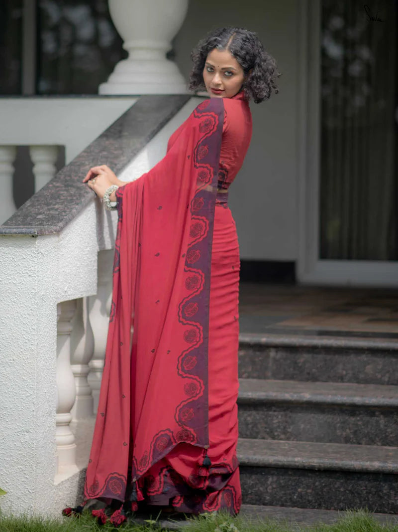 Elegant Bloom Premium Linen Cotton Digital Printed Saree with Matching Blouse