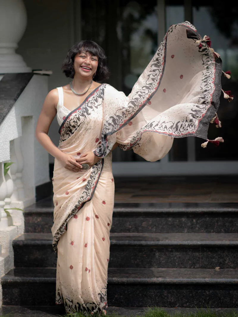 Timeless Grace Elegant Linen Cotton Digital Printed Saree with Matching Blouse
