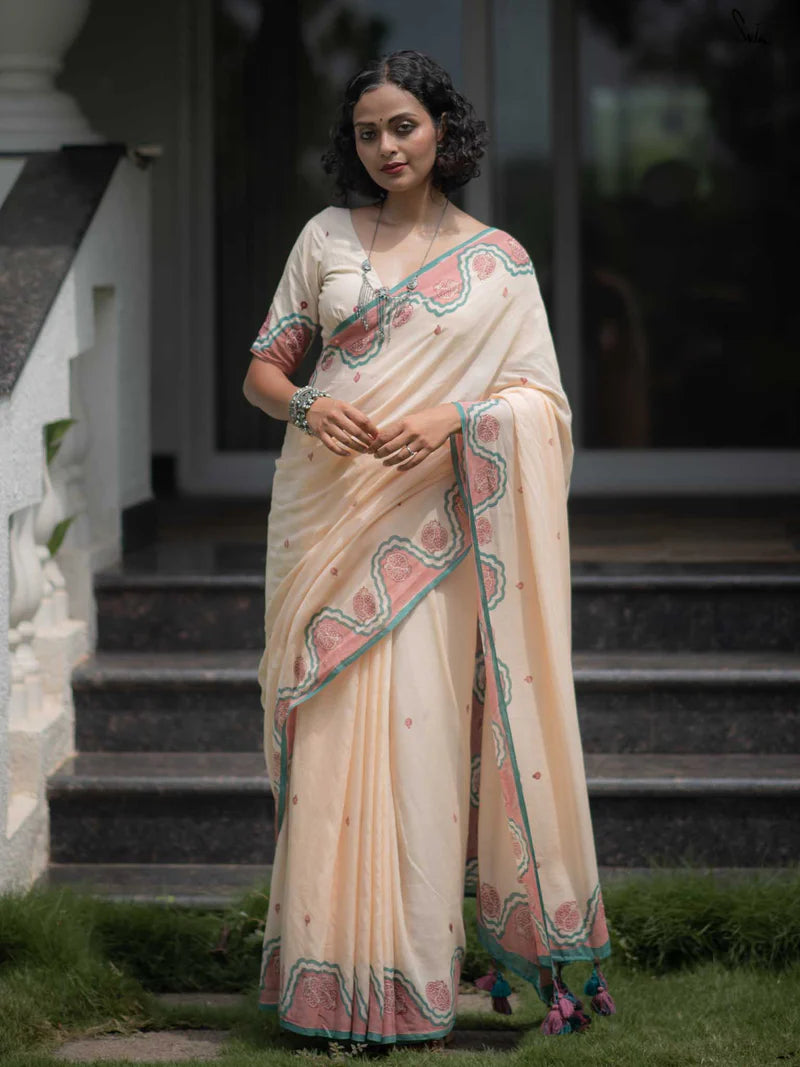 Elegant Bloom Premium Linen Cotton Digital Printed Saree with Matching Blouse