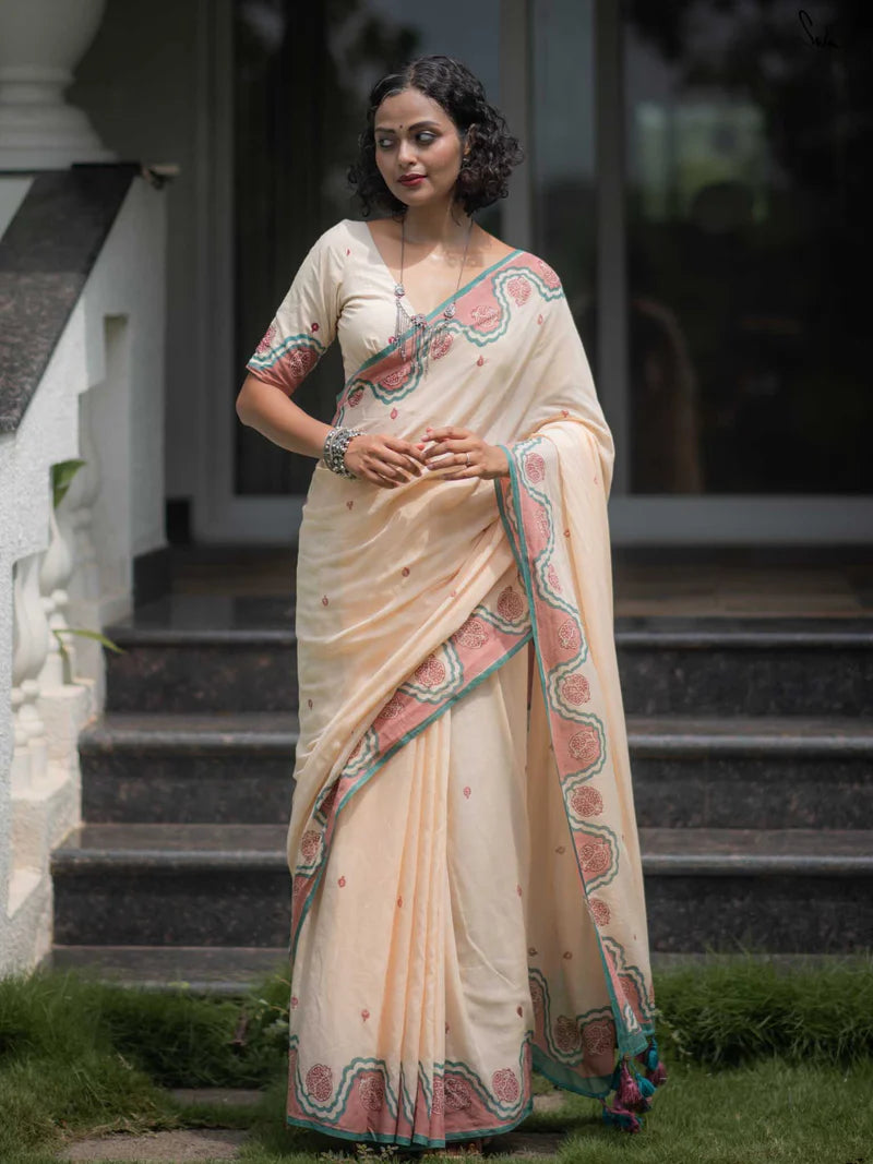 Elegant Bloom Premium Linen Cotton Digital Printed Saree with Matching Blouse