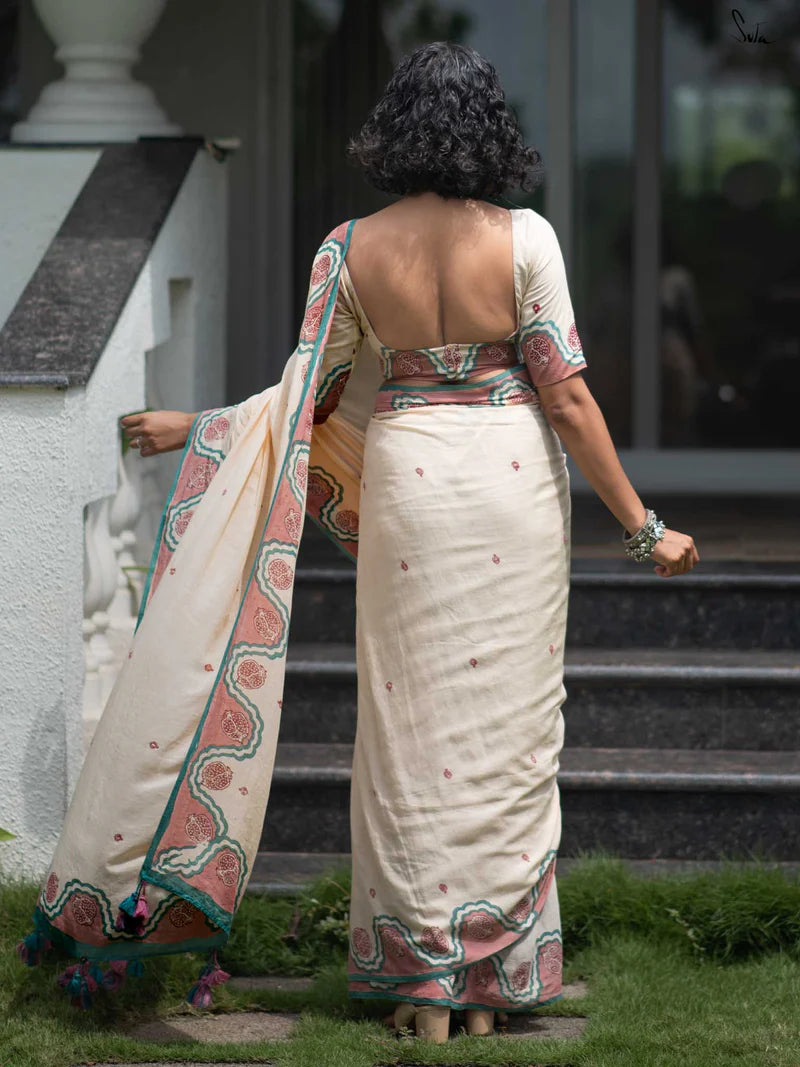 Elegant Bloom Premium Linen Cotton Digital Printed Saree with Matching Blouse
