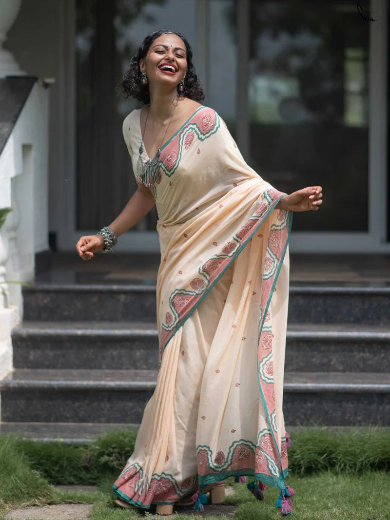 Elegant Bloom Premium Linen Cotton Digital Printed Saree with Matching Blouse