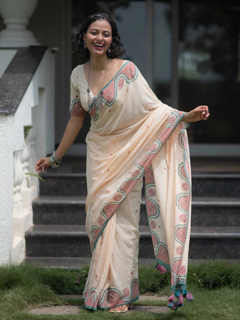 Elegant Bloom Premium Linen Cotton Digital Printed Saree with Matching Blouse