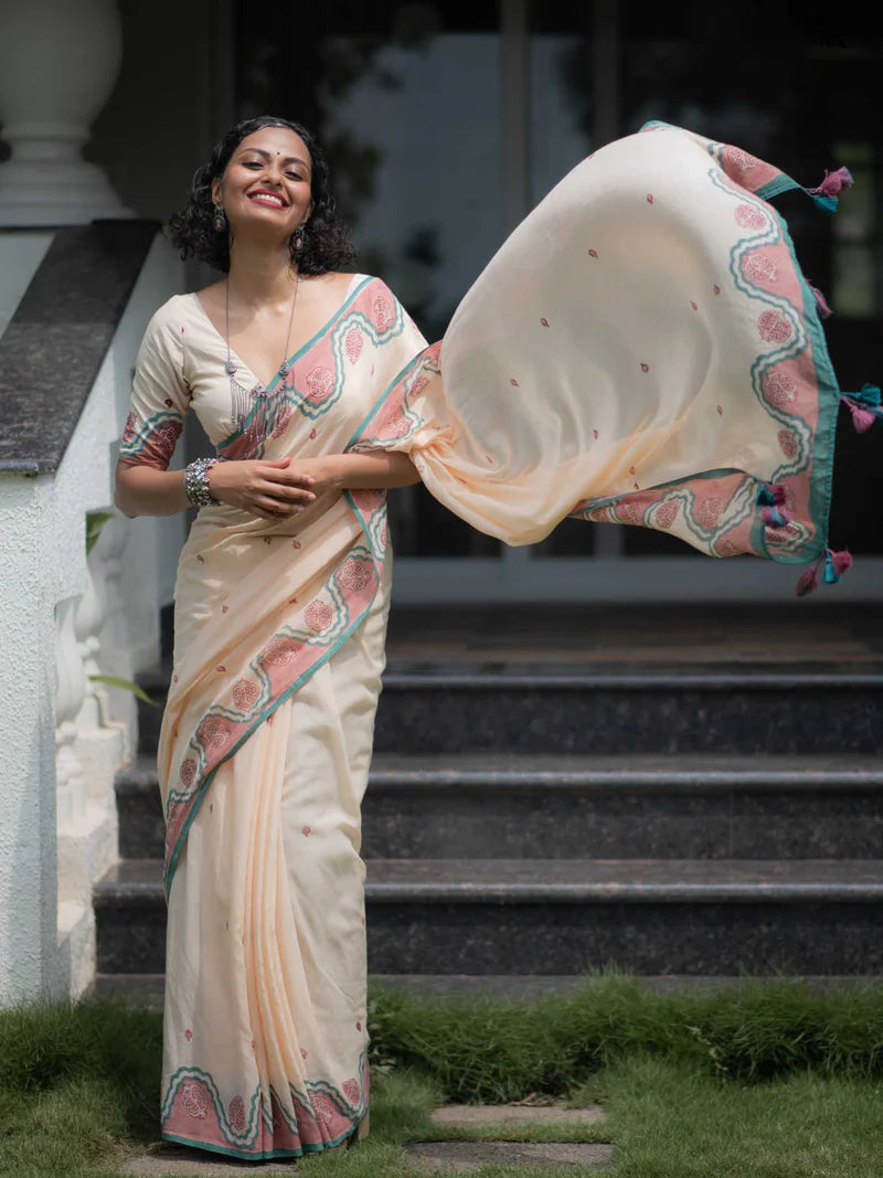 Elegant Bloom Premium Linen Cotton Digital Printed Saree with Matching Blouse