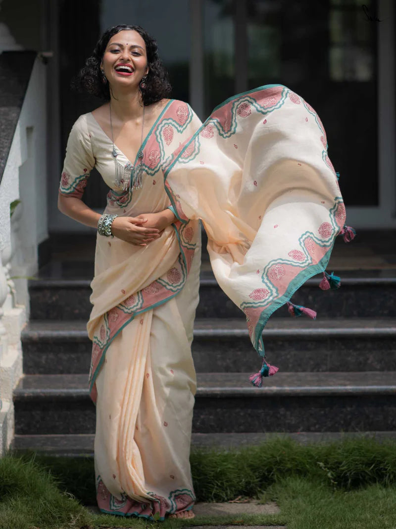Elegant Bloom Premium Linen Cotton Digital Printed Saree with Matching Blouse