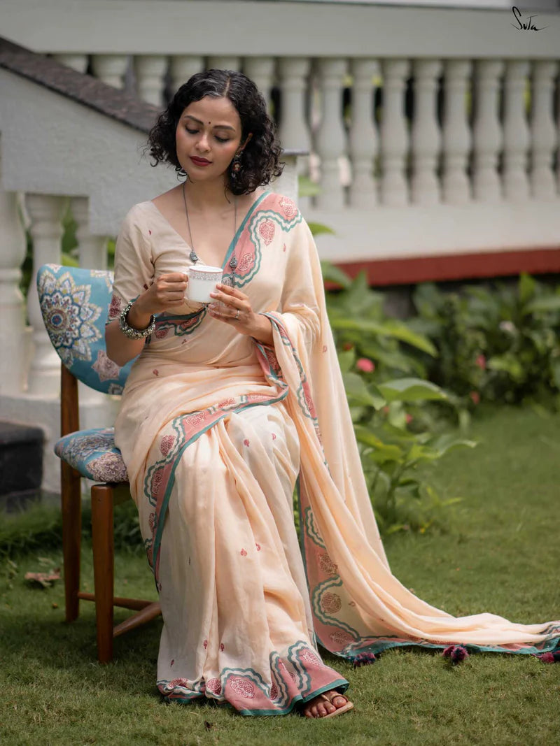 Elegant Bloom Premium Linen Cotton Digital Printed Saree with Matching Blouse