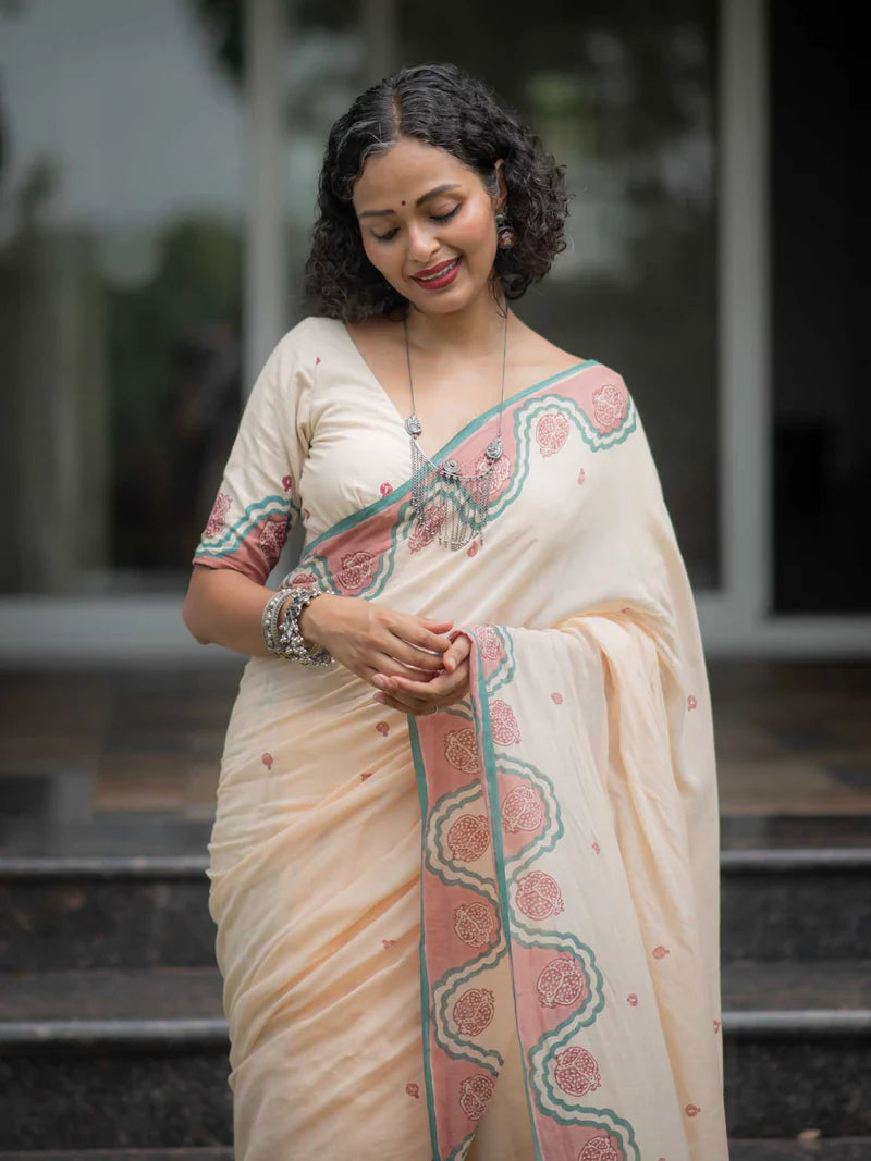 Elegant Bloom Premium Linen Cotton Digital Printed Saree with Matching Blouse