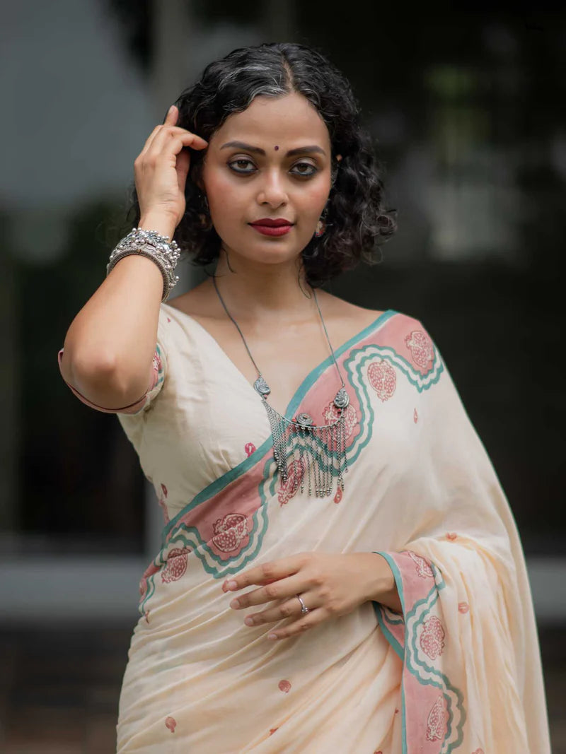 Elegant Bloom Premium Linen Cotton Digital Printed Saree with Matching Blouse