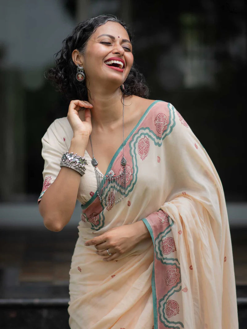 Elegant Bloom Premium Linen Cotton Digital Printed Saree with Matching Blouse