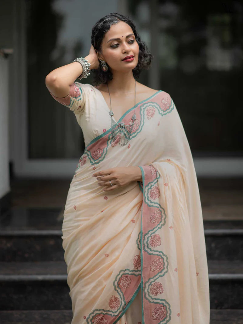 Elegant Bloom Premium Linen Cotton Digital Printed Saree with Matching Blouse