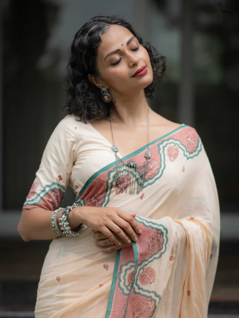 Elegant Bloom Premium Linen Cotton Digital Printed Saree with Matching Blouse