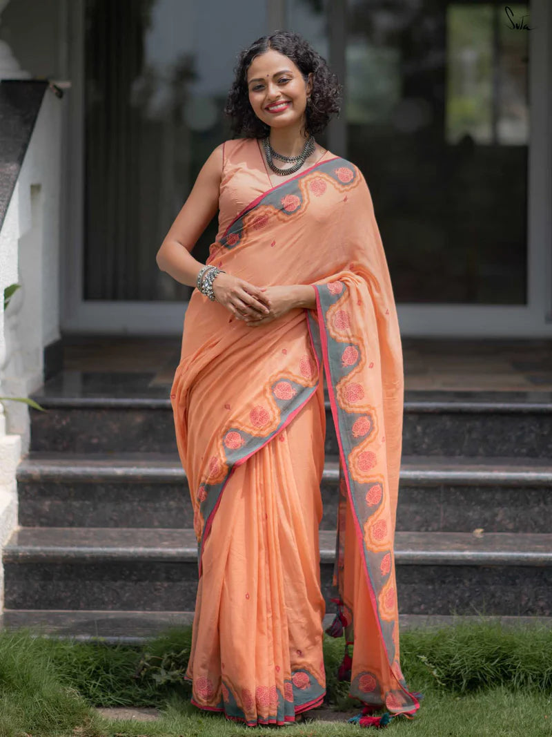 Elegant Bloom Premium Linen Cotton Digital Printed Saree with Matching Blouse