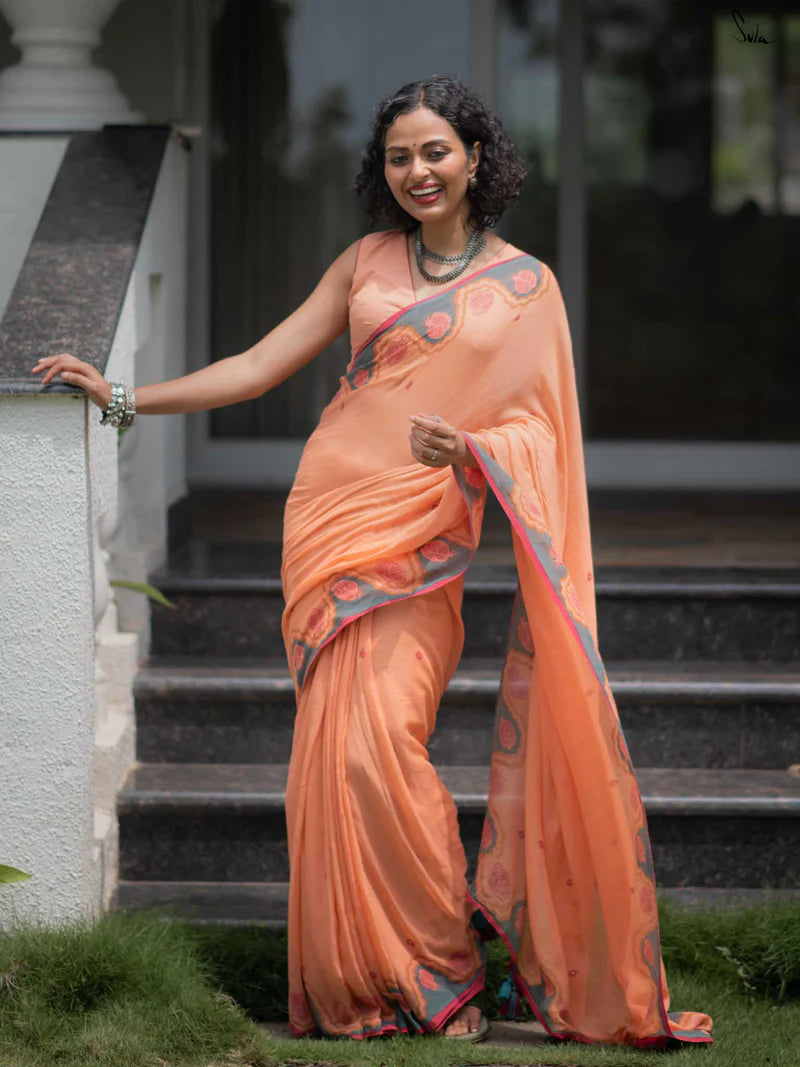 Elegant Bloom Premium Linen Cotton Digital Printed Saree with Matching Blouse