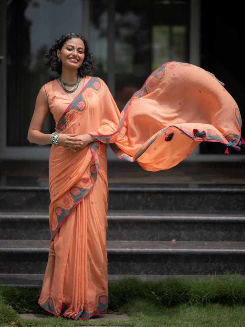 Elegant Bloom Premium Linen Cotton Digital Printed Saree with Matching Blouse