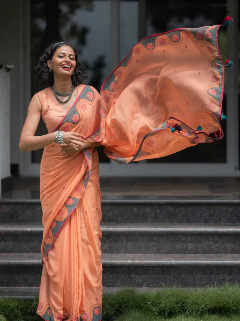 Elegant Bloom Premium Linen Cotton Digital Printed Saree with Matching Blouse