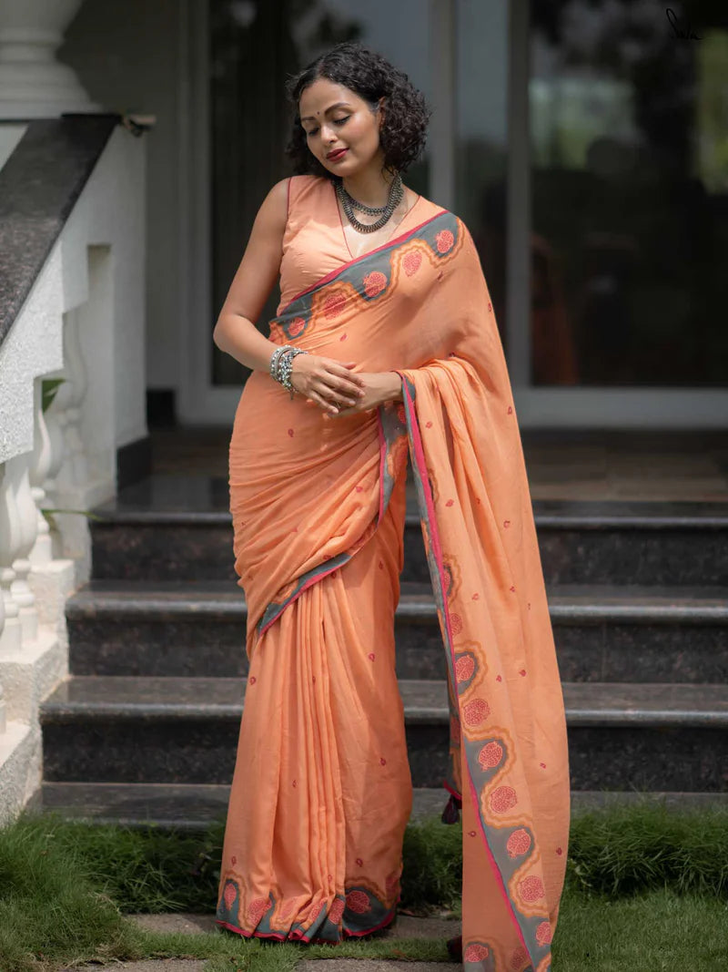 Elegant Bloom Premium Linen Cotton Digital Printed Saree with Matching Blouse