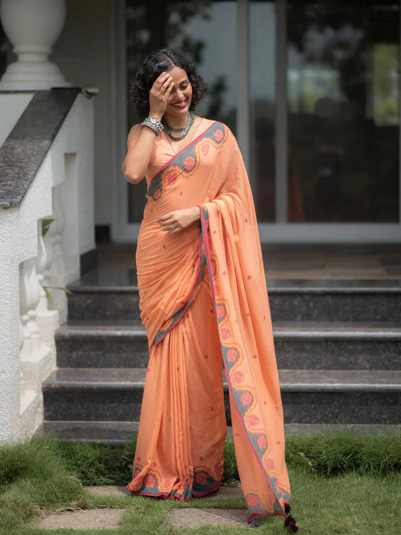 Elegant Bloom Premium Linen Cotton Digital Printed Saree with Matching Blouse