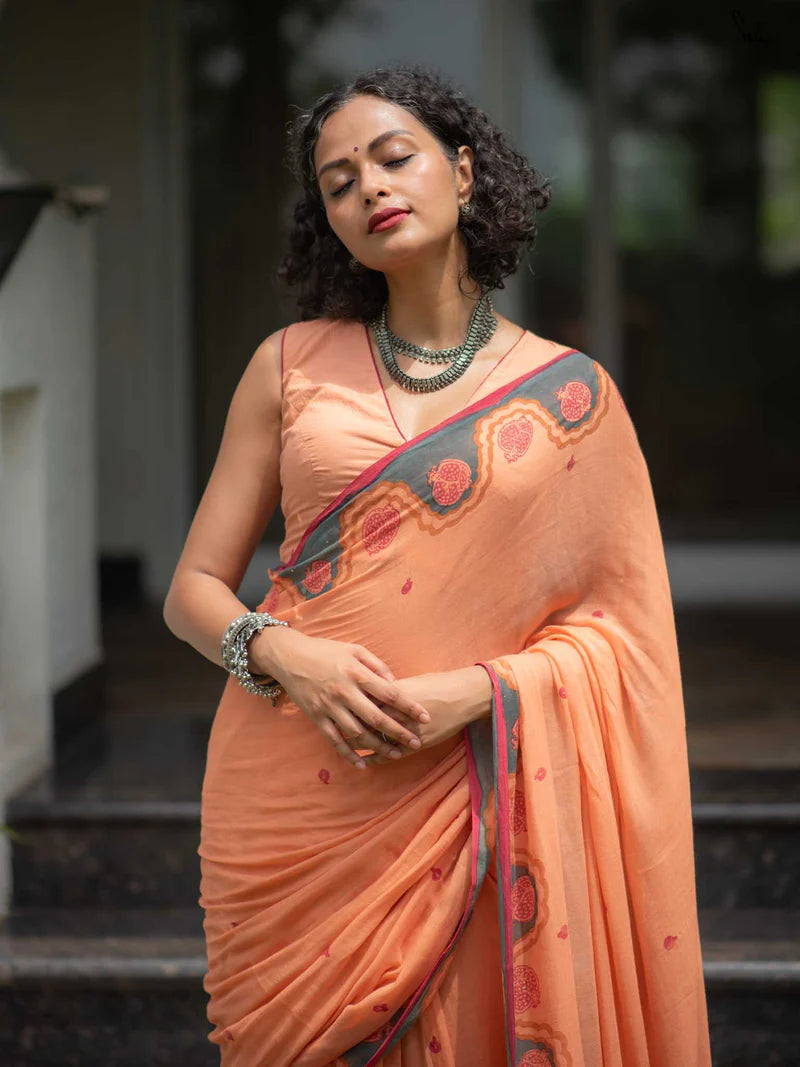 Elegant Bloom Premium Linen Cotton Digital Printed Saree with Matching Blouse