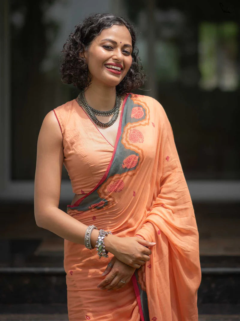 Elegant Bloom Premium Linen Cotton Digital Printed Saree with Matching Blouse