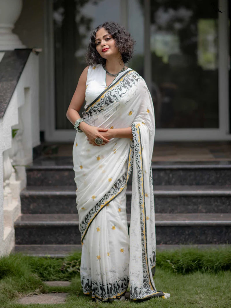 Timeless Grace Elegant Linen Cotton Digital Printed Saree with Matching Blouse