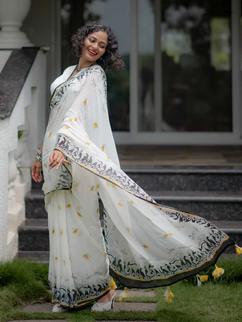 Timeless Grace Elegant Linen Cotton Digital Printed Saree with Matching Blouse