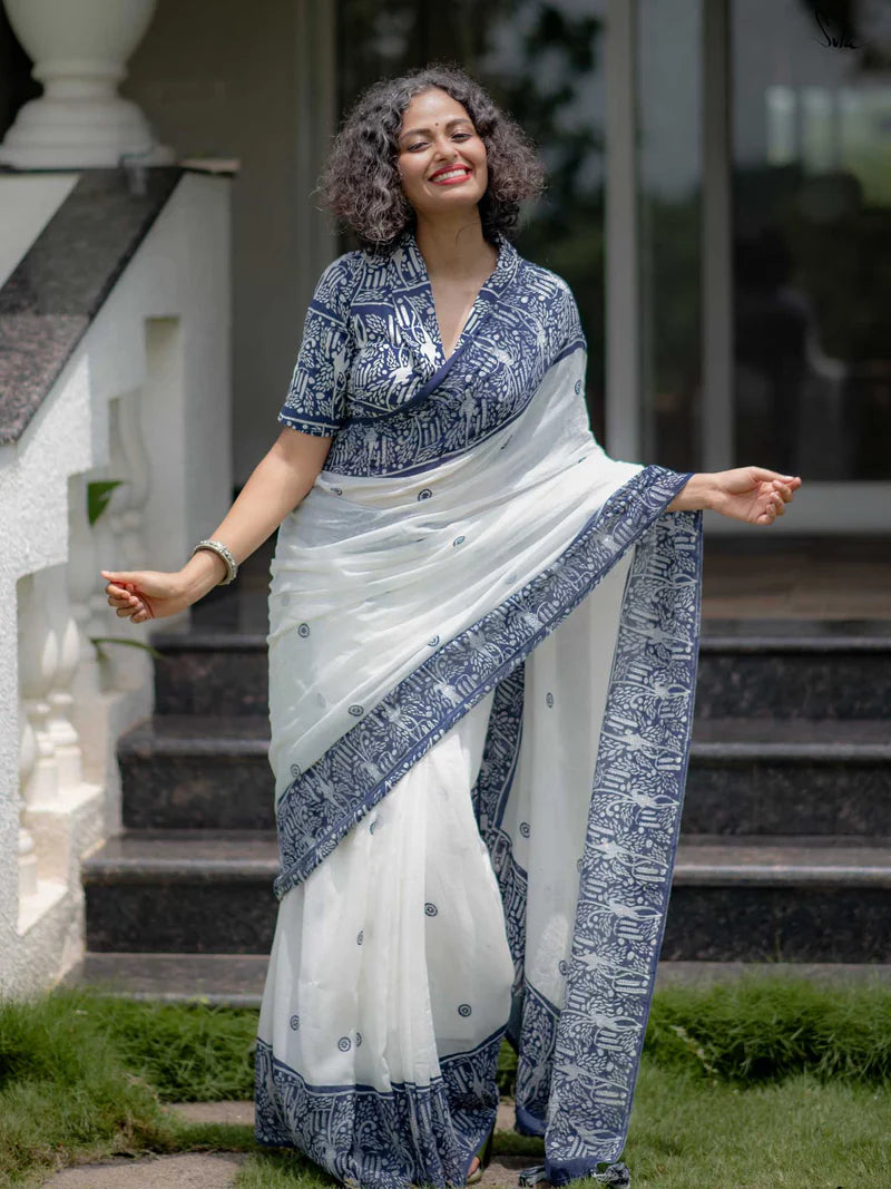 Linen Cotton Digital Printed Saree with Matching Blouse – Elegant Ethnic Wear