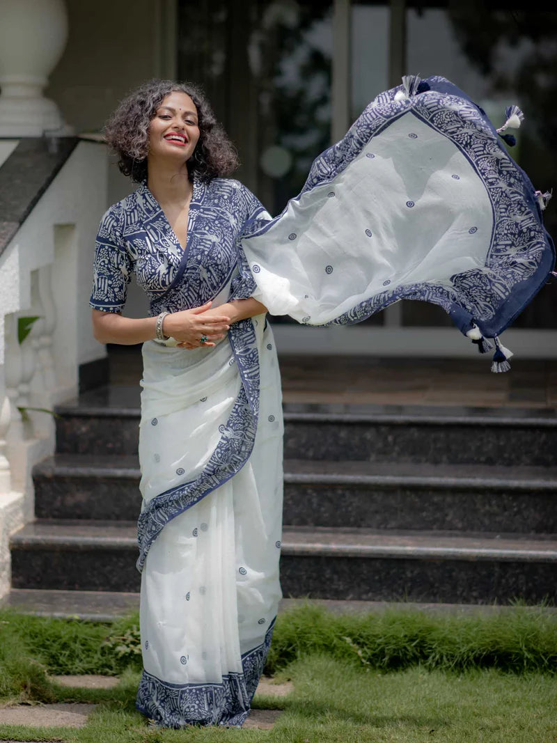 Linen Cotton Digital Printed Saree with Matching Blouse – Elegant Ethnic Wear