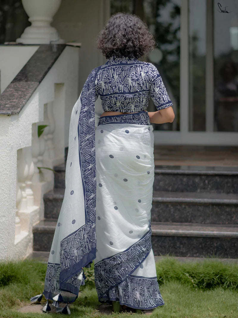 Linen Cotton Digital Printed Saree with Matching Blouse – Elegant Ethnic Wear