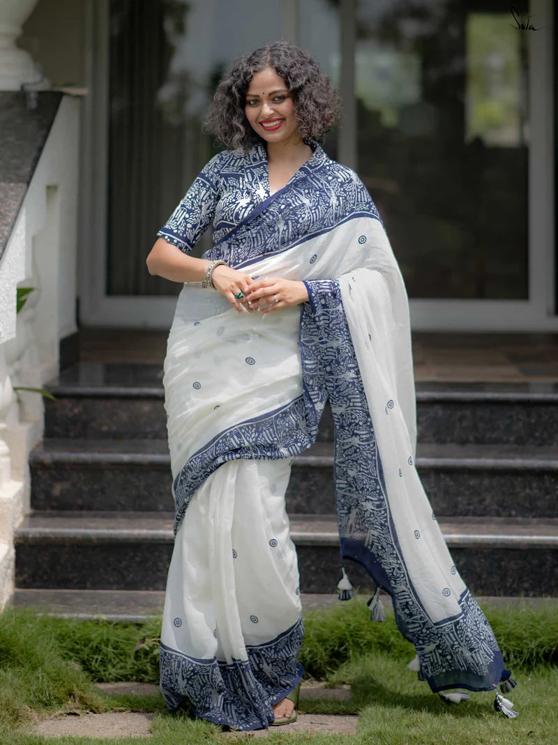 Linen Cotton Digital Printed Saree with Matching Blouse – Elegant Ethnic Wear