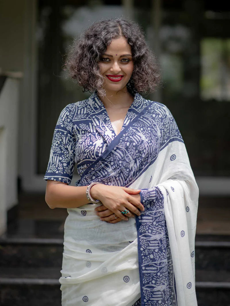 Linen Cotton Digital Printed Saree with Matching Blouse – Elegant Ethnic Wear