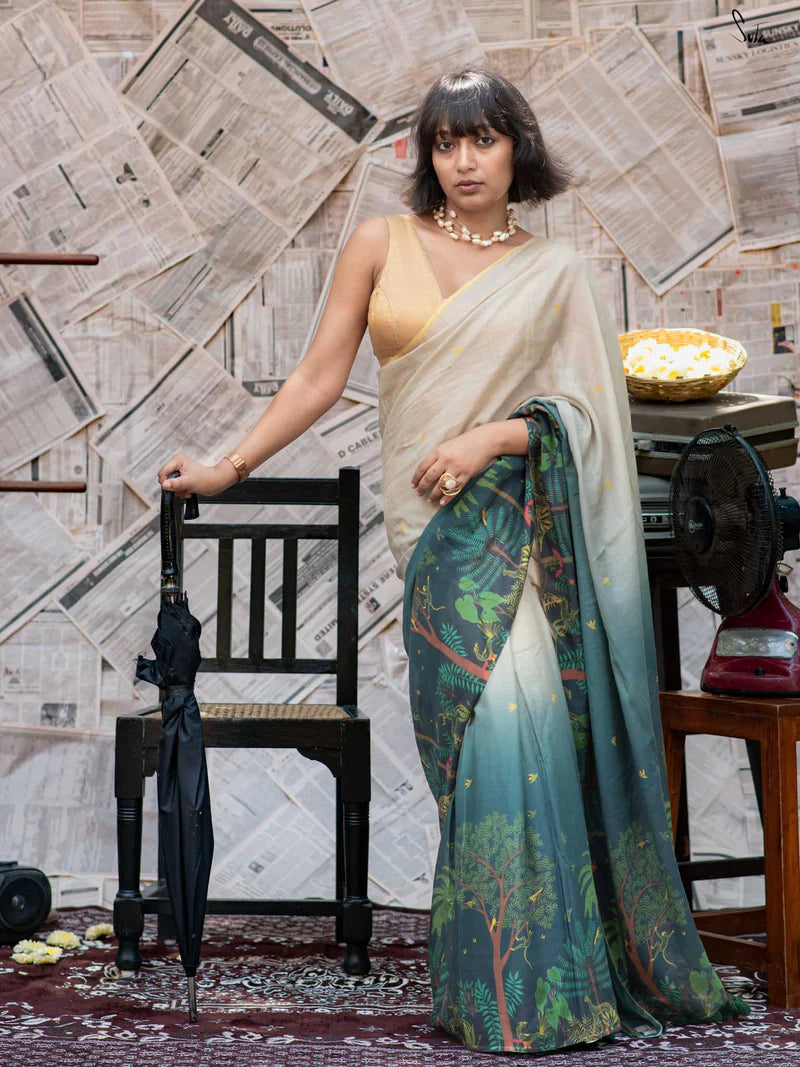 Royal Tussle Elegance Premium Linen Cotton Digital Printed Saree with Handmade Cotton Tussle & Satin Banglory Blouse