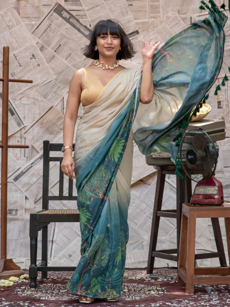 Royal Tussle Elegance Premium Linen Cotton Digital Printed Saree with Handmade Cotton Tussle & Satin Banglory Blouse