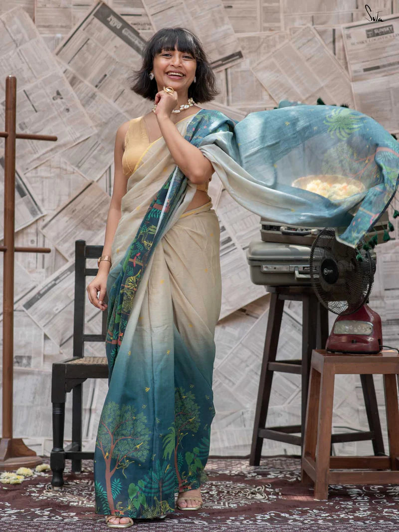 Royal Tussle Elegance Premium Linen Cotton Digital Printed Saree with Handmade Cotton Tussle & Satin Banglory Blouse