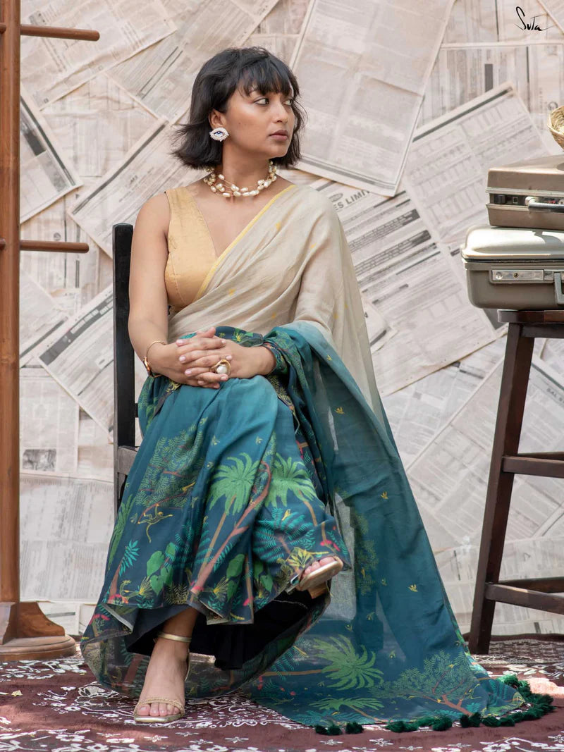 Royal Tussle Elegance Premium Linen Cotton Digital Printed Saree with Handmade Cotton Tussle & Satin Banglory Blouse