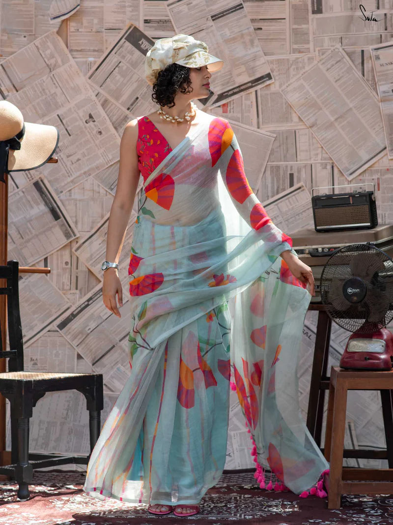 Royal Bloom Tussle Elegant Linen Cotton Digital Printed Saree with Matching Printed Blouse
