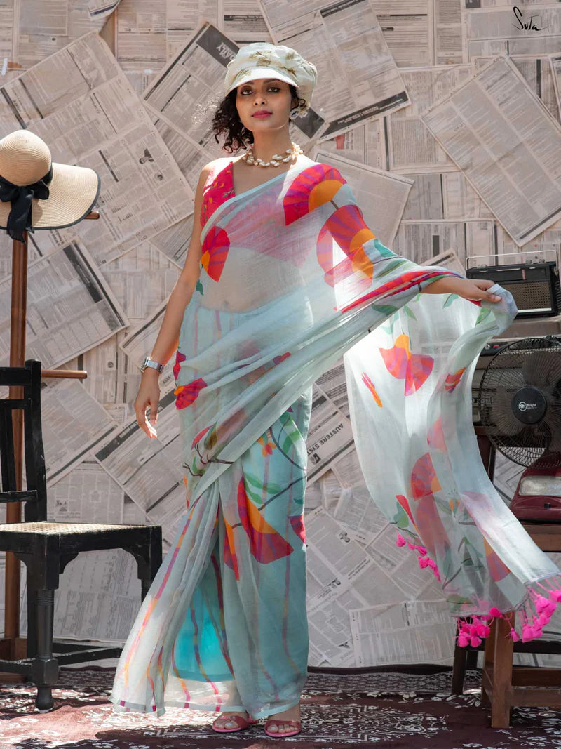 Royal Bloom Tussle Elegant Linen Cotton Digital Printed Saree with Matching Printed Blouse